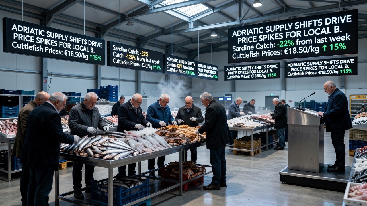 Auction staff weighing and tagging fresh Adriatic seafood lots ahead of bidding