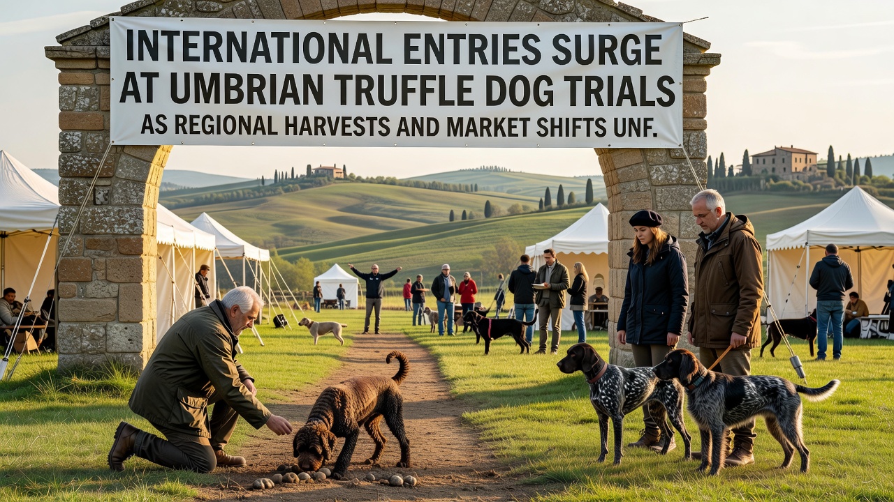 A handler watches as a Lagotto Romagnolo locates a buried truffle during a timed trial round